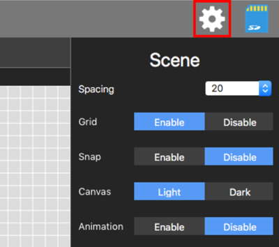 Cropped screenshot highlighting the Settings button in the top right corner of the software.