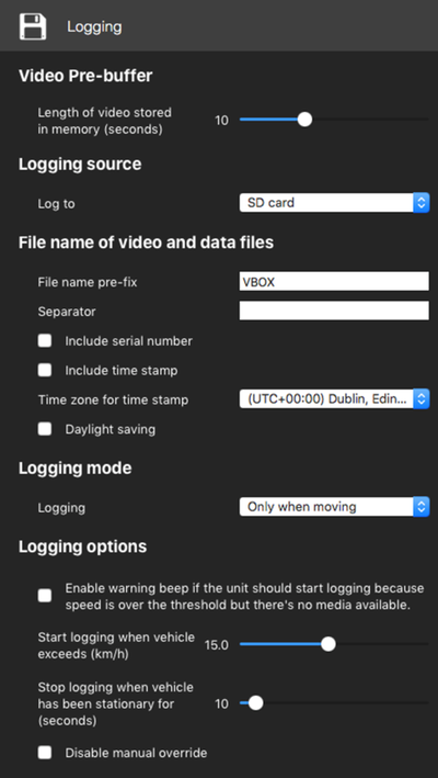 Screenshot of the General Logging Options in VBOX Setup Software (macOS version).