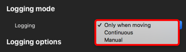 Screenshot of the Logging mode options with Only When Moving selected.