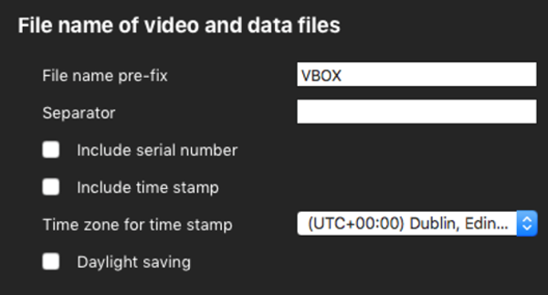 Screenshot of the settings area for setting the file name of video and data files.