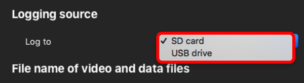 Screenshot of the Logging source options with SD card selected.