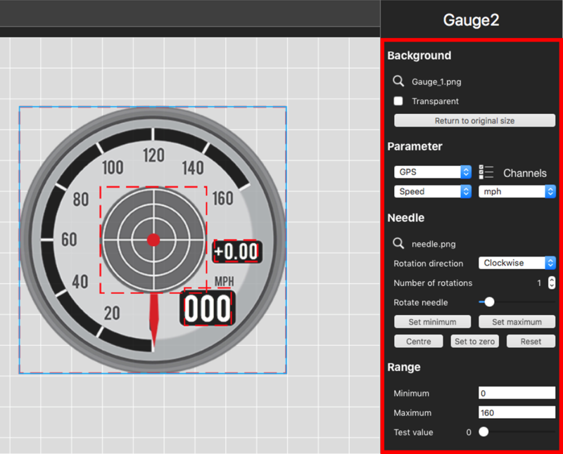 Screenshot of the software with combined Gauge and G-Ball elements added and the Gauge Settings pane highlighted on the right hand side.