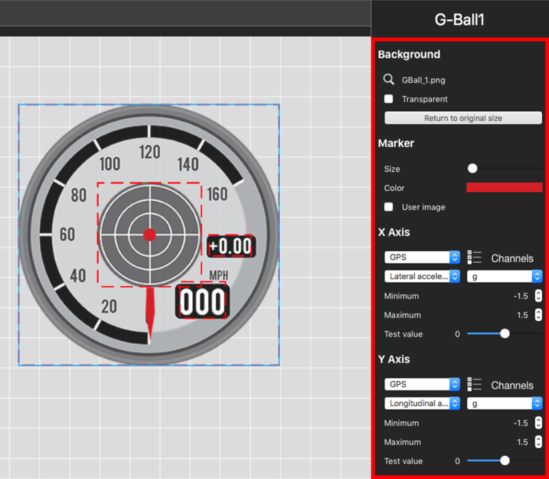 Screenshot of the software with combined Gauge and G-Ball elements added and the G-Ball Settings pane highlighted on the right hand side.
