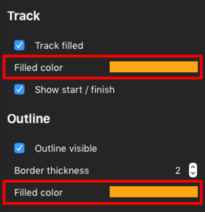 Screenshot of the Track settings with Fixed Colour options highlighted and orange selected.