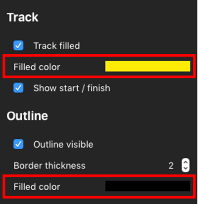 Screenshot of the Track settings with Fixed Colour options highlighted and yellow fill with black outline selected.