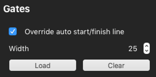 Screenshot of the Gates settings with Override auto start/finish line ticked.