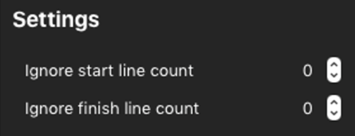 Screenshot of the Lap Timing settings showing the Ignore Start Line Count and Ignore Finish Line Count options.