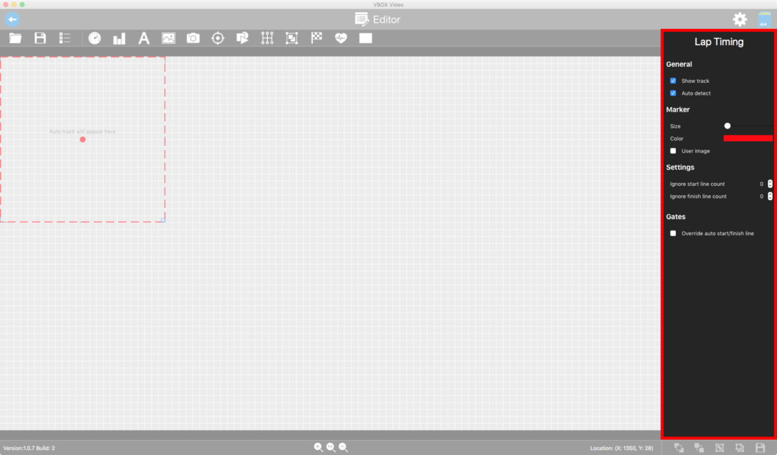 Screenshot of the software with the Lap Timing settings highlighted on the right hand side.