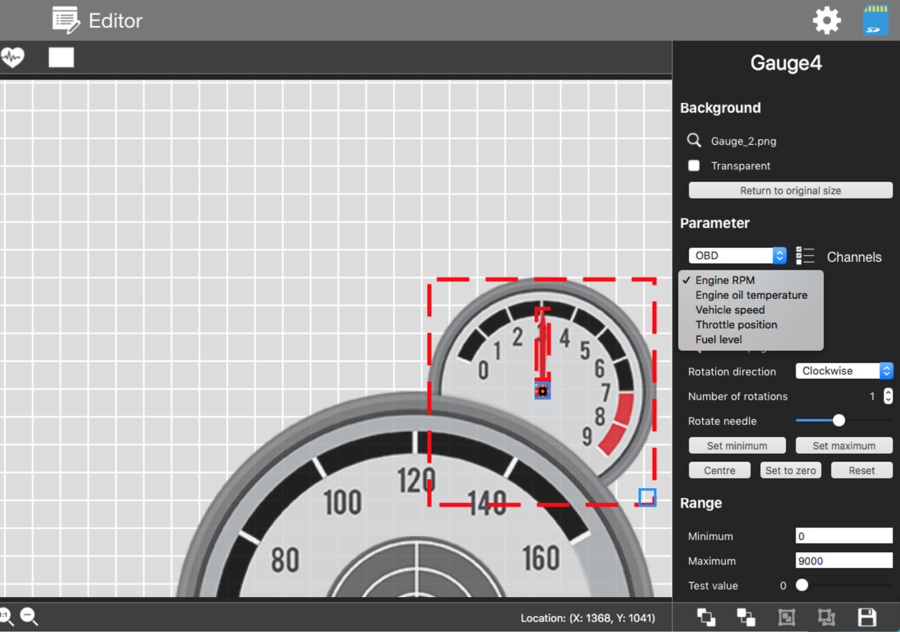 Screenshot of the canvas editor with Gauge elements added. The Settings pane on the right hand side shows the Parameter set as OBD and the options dropdown is displayed.