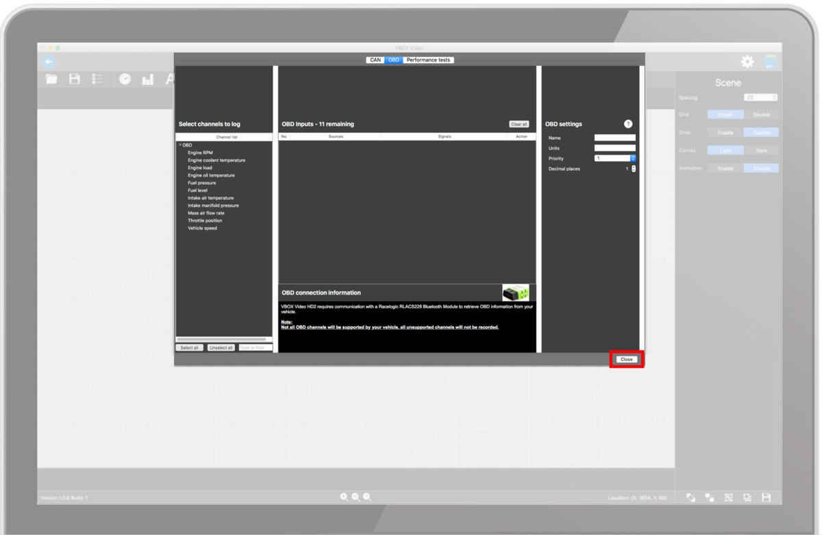 Screenshot of the software with the OBD Settings pane open and the Close button highlighted.