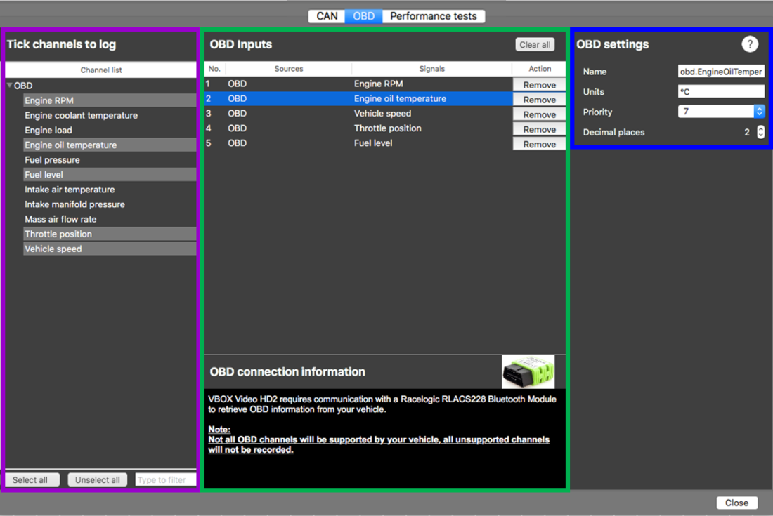 Screenshot of the OBD Settings screen with different areas highlighted with different colours.