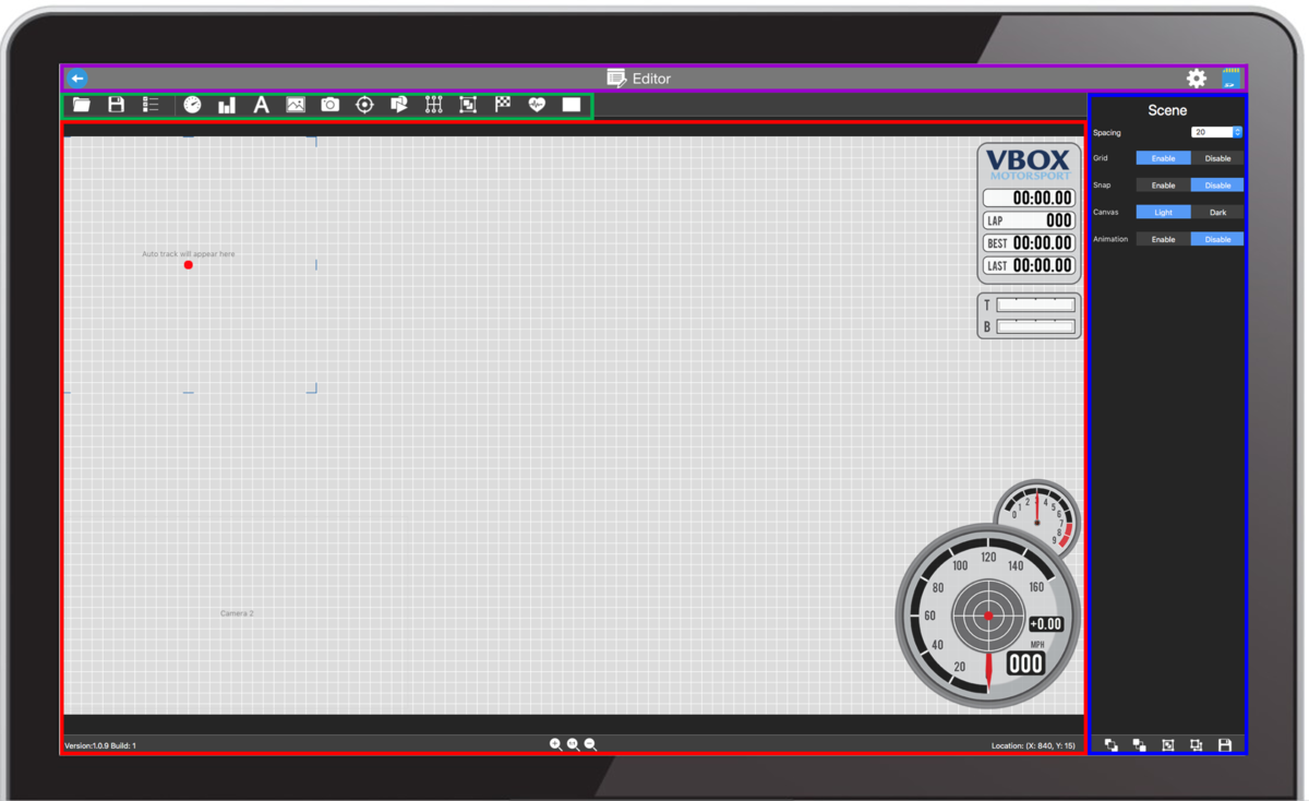 Screenshot of the software with different areas highlighted using different colours.