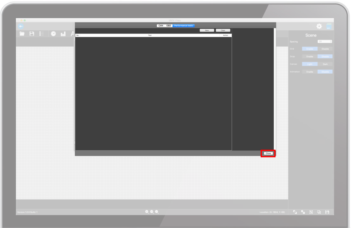 Image depicting closing the Performance Tests Setup screen to return to the scene designer.