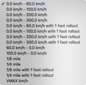 Image showing the available standard tests options with 0.0 km/h - 60.0 km/h selected.