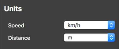 Screenshot of the Unit settings with Speed set to km/h and Distance set to metres.