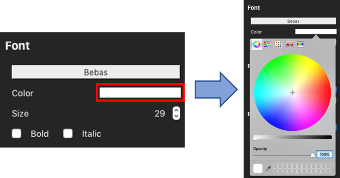 Images depicting selecting a new font colour from the colour selector wheel.