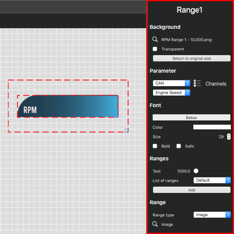 Screenshot of the software with a Range element added and the Range Settings pane highlighted in the right hand side.
