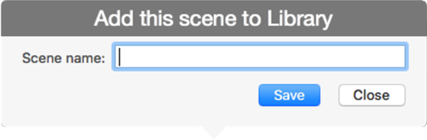 Screenshot of the Library Save Scene window for entering the name for the saved scene.