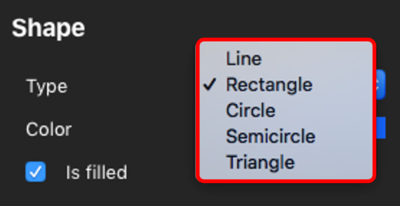 Screenshot of the Shape Settings and the Type options displayed.