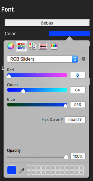 Screenshot of the Font colour RGB selector sliders.