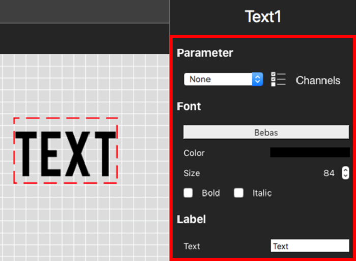 Screenshot of the software with a Text element added and the Text Settings pane highlighted on the right hand side.