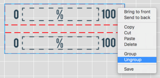 Screenshot of the selected elements and the right click menu with Ungroup highlighted.