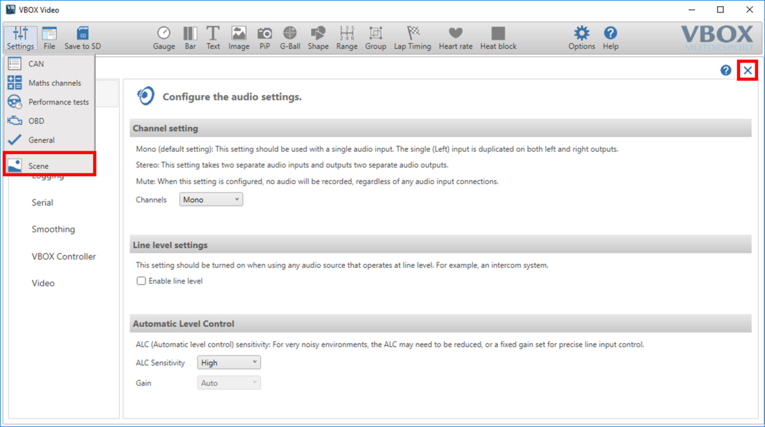 Screenshot of the General Settings screen with the Settings dropdown visible and Scene highlighted.