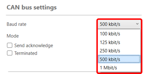 Screenshot of the CAN Settings menu with the CAN baud rate options displayed and highlighted.