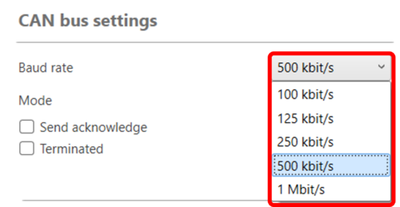 Screenshot of the CAN Settings menu with the CAN baud rate options displayed and highlighted.