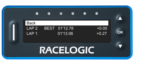 VBOX LapTimer showing the logged lap times with the Back option highlighted. 