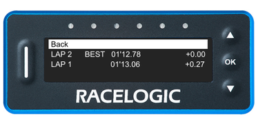 VBOX LapTimer showing the logged lap times with the Back option highlighted. 