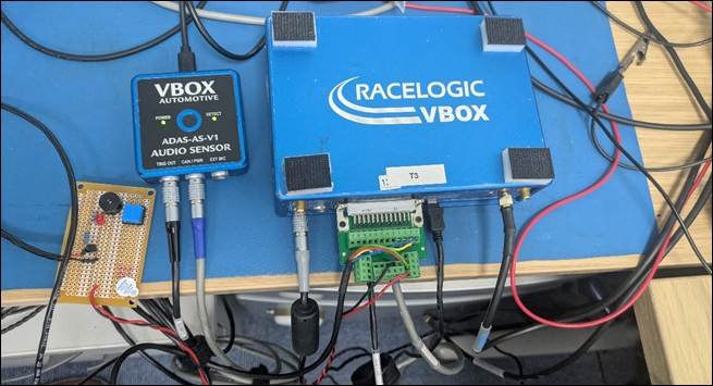 Photograph of all test equipment connected on a desk.