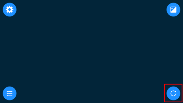 Screenshot from a mobile of the camera preview with a dark blue screen and 4 icons, one in each corner. The Refresh icon in the bottom right hand corner is highlighted.
