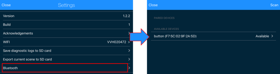 Screenshot from a mobile device demonstrating accessing the Bluetooth menu and selecting an available Bluetooth device.