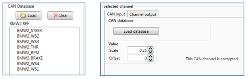 Cropped screenshot of CAN database and channels options.