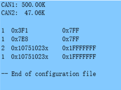 Example LabSat CAN configuration file showing CAN channel baud rates and configured message ID filters.