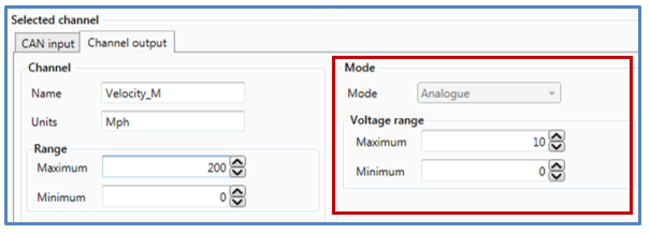 Cropped screenshot of the CAN Output tab in VBOX Setup with the Mode options highlighted.