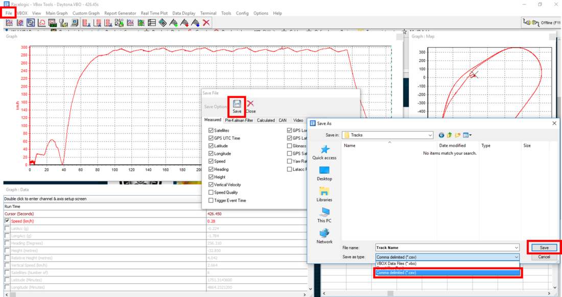 Screenshots depicting saving a file within VBOX Tools.