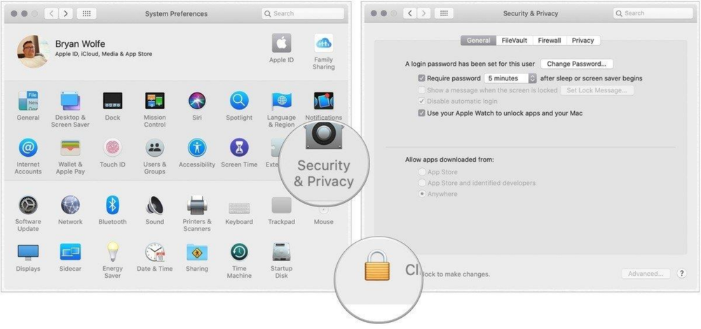 Screenshot of the System Preferences window with the Security & Privacy and Lock icons magnified.