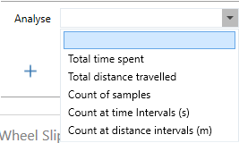 Cropped section from VBOX Test Suite showing the expanded dropdown list of analysis options for test results.