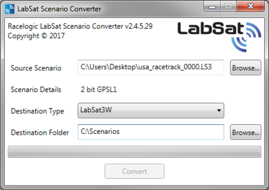 LabSat Scenario Converter application showing a LabSat scenario file selected for conversion to LabSat 3 Wideband format, including source file details and destination folder configuration.