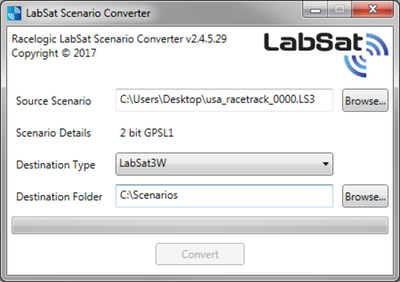 LabSat Scenario Converter application showing a LabSat scenario file selected for conversion to LabSat 3 Wideband format, including source file details and destination folder configuration.