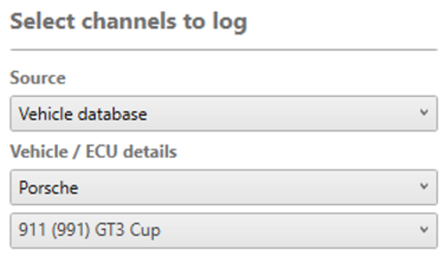 Screenshot of the Select Channels to Log settings with Vehicle Database selected as the Source.