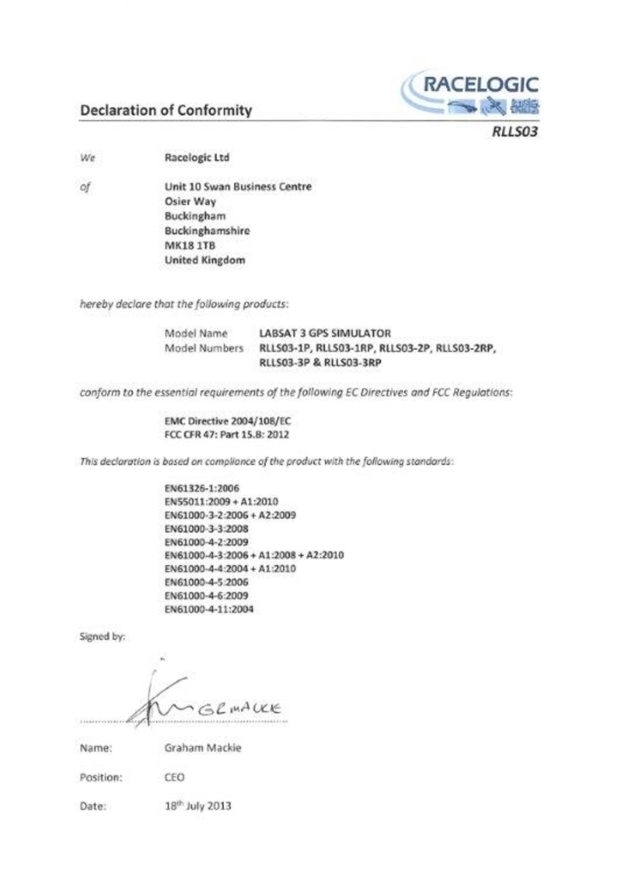 Declaration of Conformity document for the LabSat 3 GPS record and replay system showing EMC and FCC compliance information.