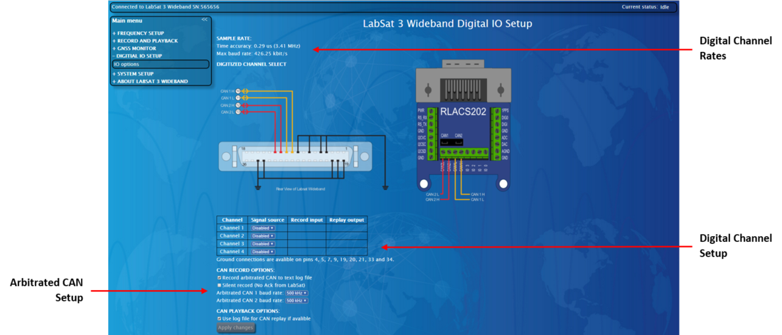 LabSat 3 Wideband Digital I/O Setup screen demonstrating CAN input configuration and CAN recording/playback options.