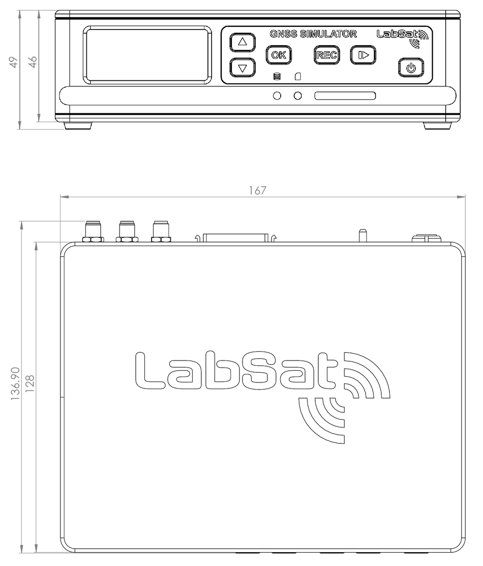 Dimensioned mechanical drawing of a LabSat 3 Wideband GNSS simulator showing front and top views with overall device dimensions.
