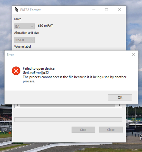 Screenshot of the error message displayed by guiformat when trying for format exFAT cards to FAT32.
