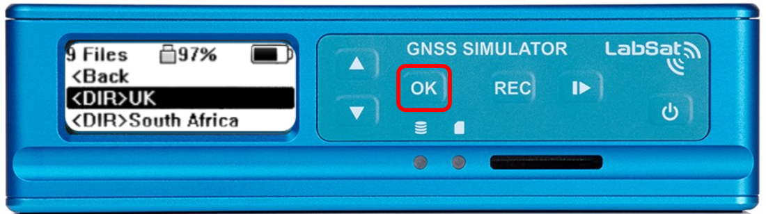 LabSat front panel demonstrating how to open a selected SSD folder by highlighting <DIR>UK and pressing the OK button.