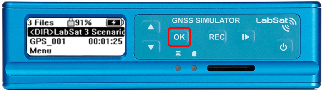 LabSat front panel demonstrating how to open an SSD directory by selecting <DIR> and pressing the OK button.