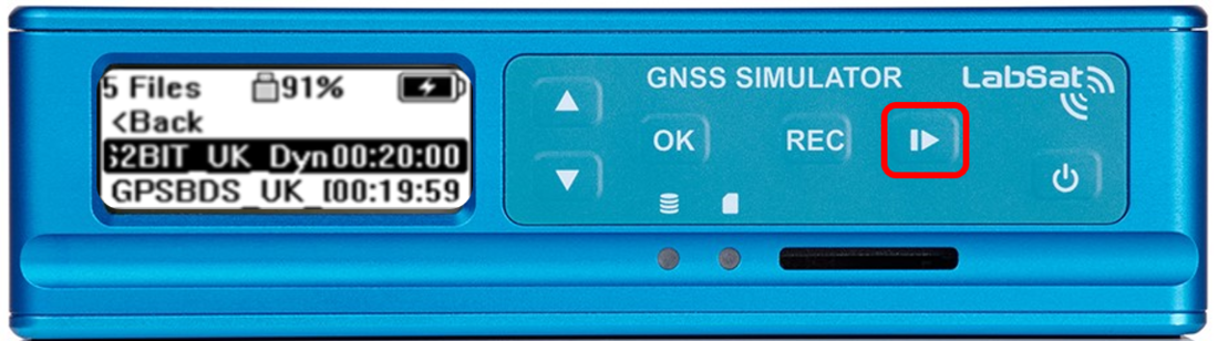 LabSat front panel demonstrating how to start scenario replay by selecting a recording and pressing the play button.